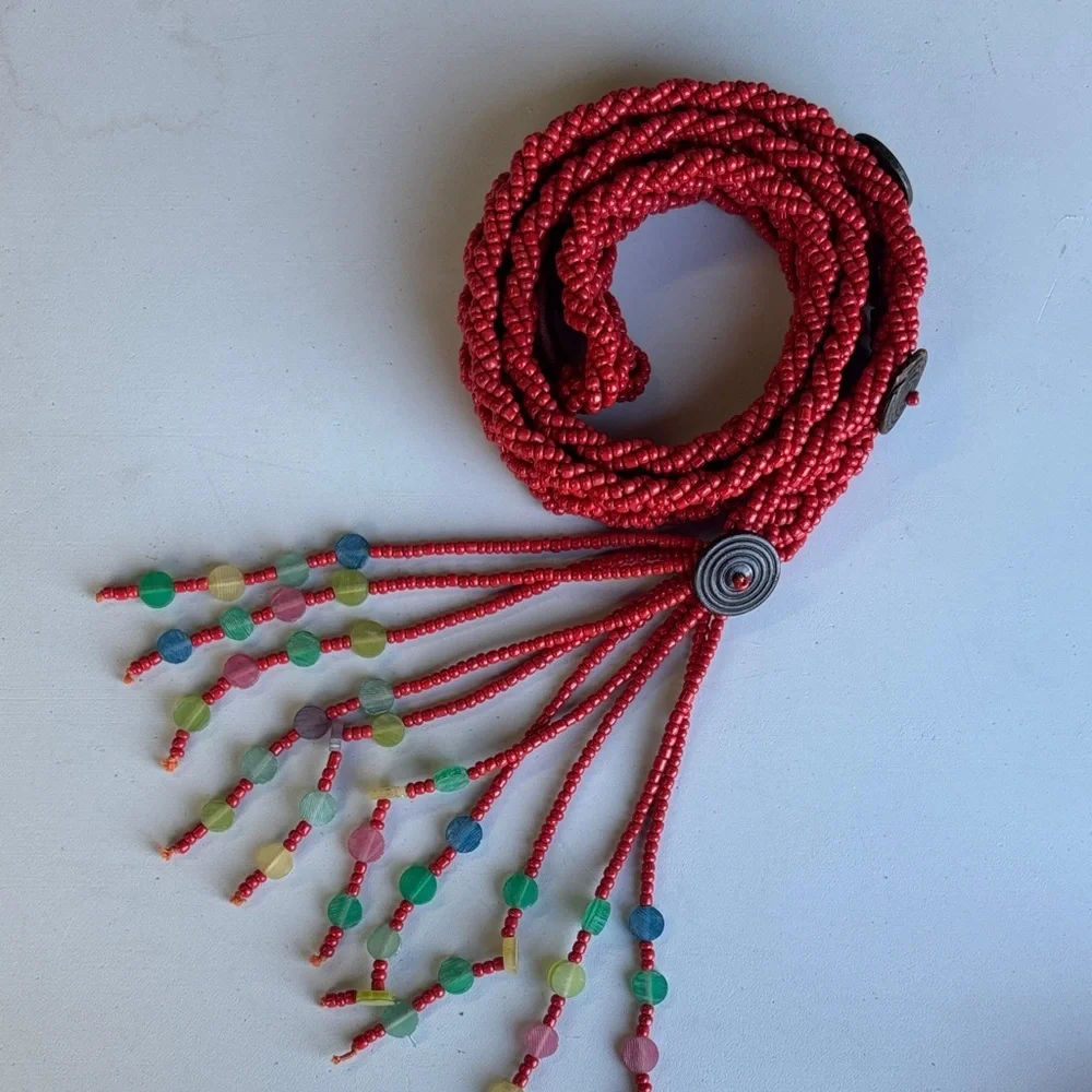Coral Red Braided Beaded Red Rope Belt